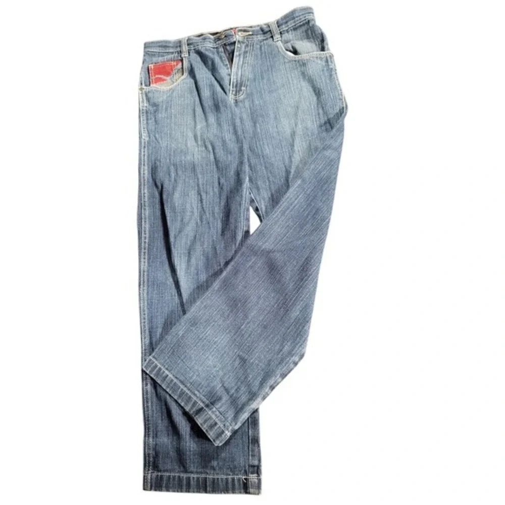 Lot 29 World Class Denim Vtg Embroidered Pocket Distressed  Red Graphic Jeans 32